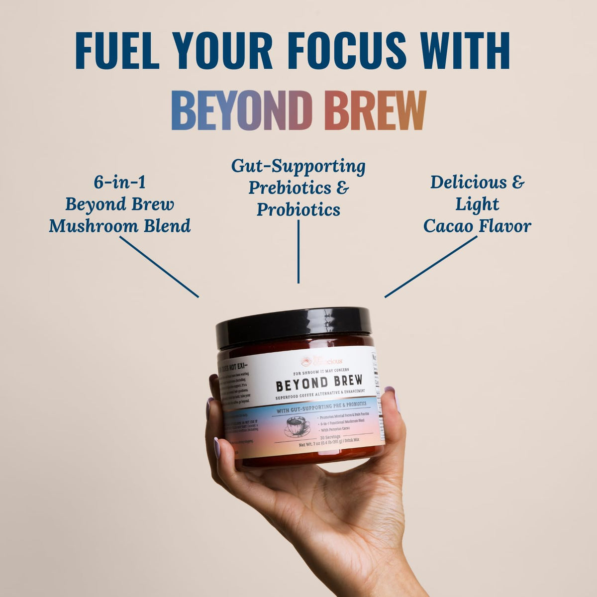 Close-up of Beyond Brew cacao-spice blend emphasizing rich flavor and aroma.
