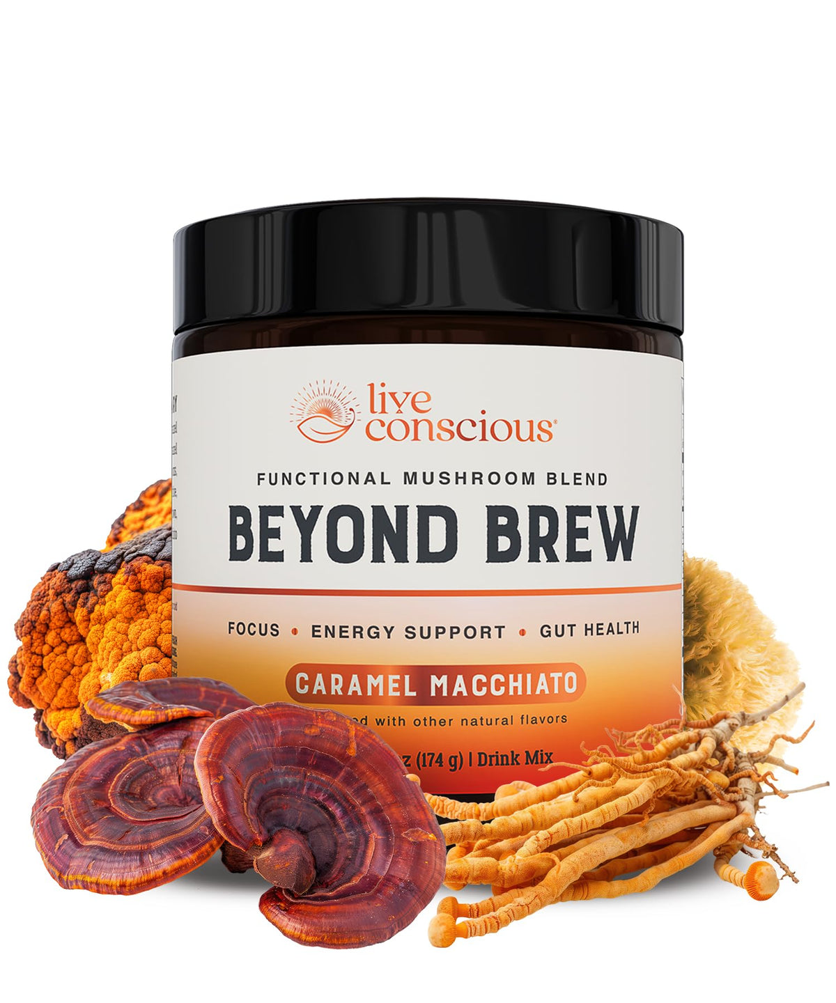 Live Conscious Beyond Brew caramel macchiato bottle emphasizes low caffeine and focus support.