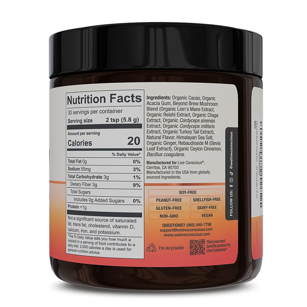 Live Conscious Beyond Brew flavor profile notes show caramel, cacao, and cinnamon appeal.