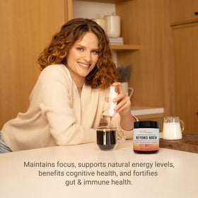 Live Conscious Beyond Brew powder tub reveals mushroom blend and dietary fiber for gut health.