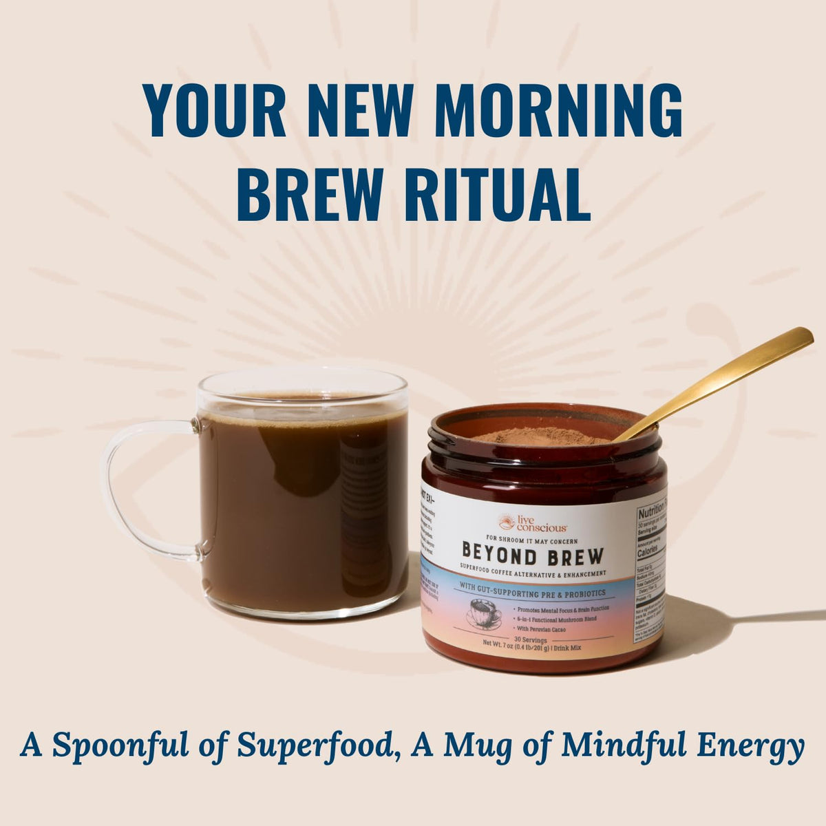 Beyond Brew packaging highlighting gut health benefits and prebiotic fibers.