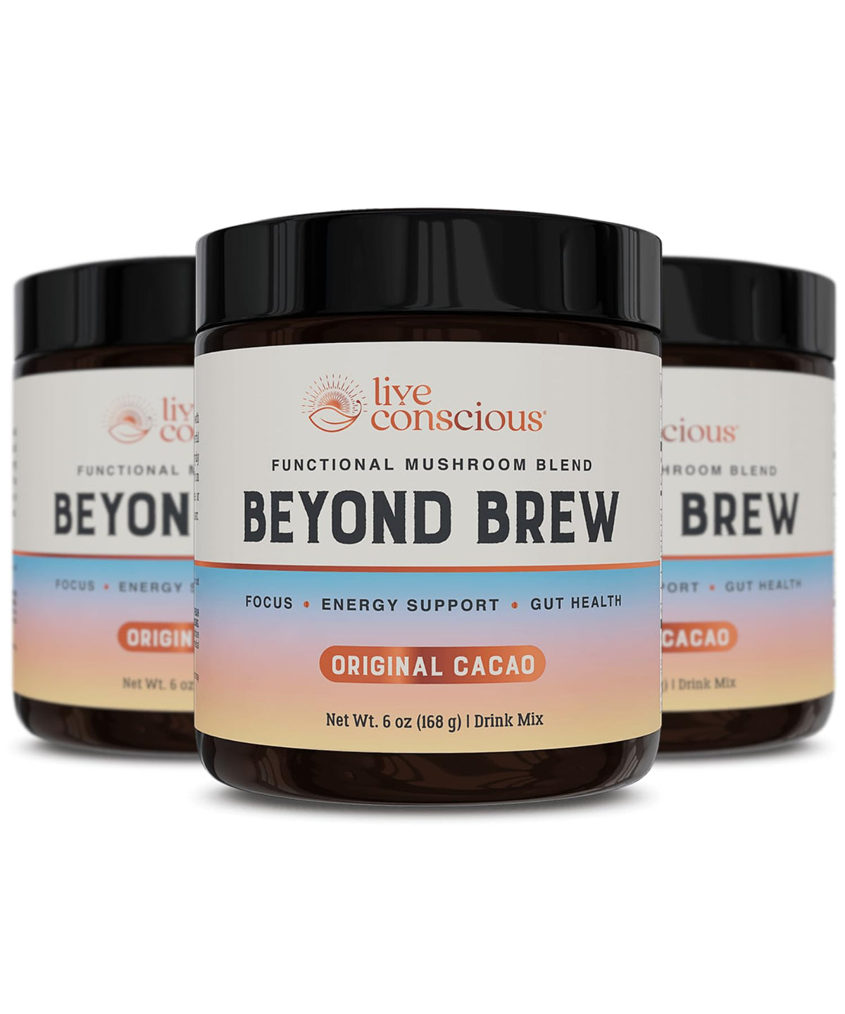 Live Conscious Beyond Brew bottle and cup for smooth focus and sustained energy.
