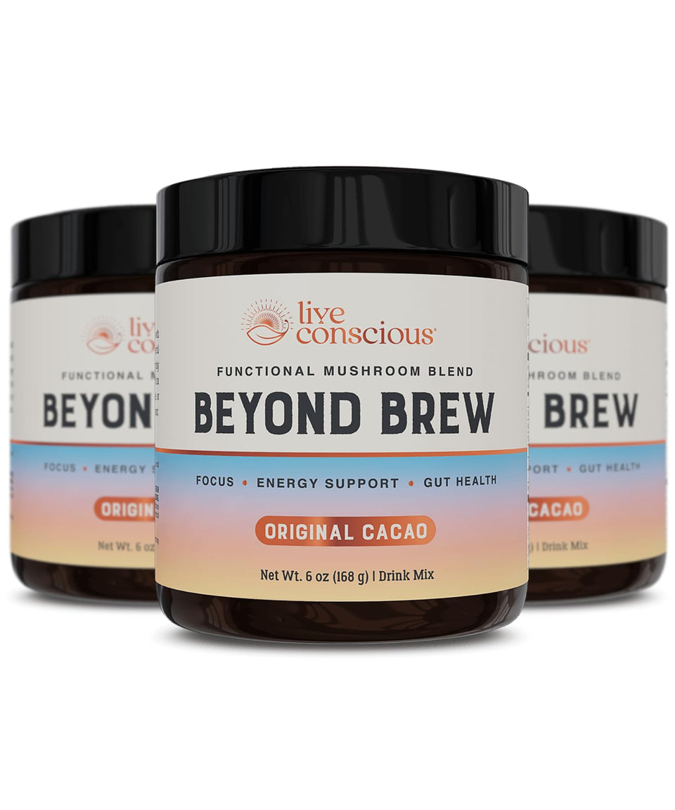 Live Conscious Beyond Brew bottle and cup for smooth focus and sustained energy.
