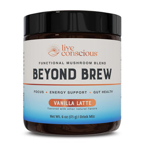 Live Conscious Beyond Brew Vanilla Latte bottle pour shows a dairy-free energy option