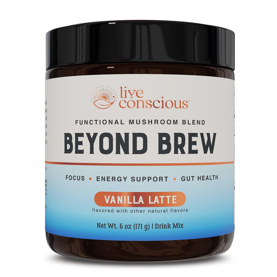 Live Conscious Beyond Brew Vanilla Latte bottle pour shows a dairy-free energy option