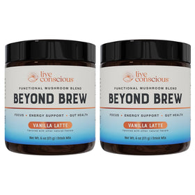 Live Conscious Beyond Brew Vanilla Latte bottle shows a dairy-free energy option with steady focus.