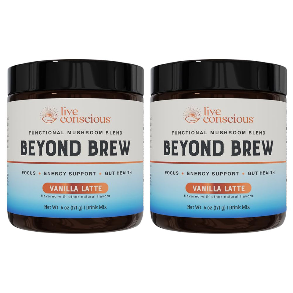 Live Conscious Beyond Brew Vanilla Latte bottle shows a dairy-free energy option with steady focus.