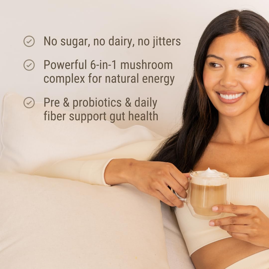Live Conscious Beyond Brew Vanilla Latte mug foam highlights creamy texture for mindful sipping