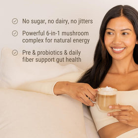 Live Conscious Beyond Brew Vanilla Latte mug foam highlights creamy texture for mindful sipping