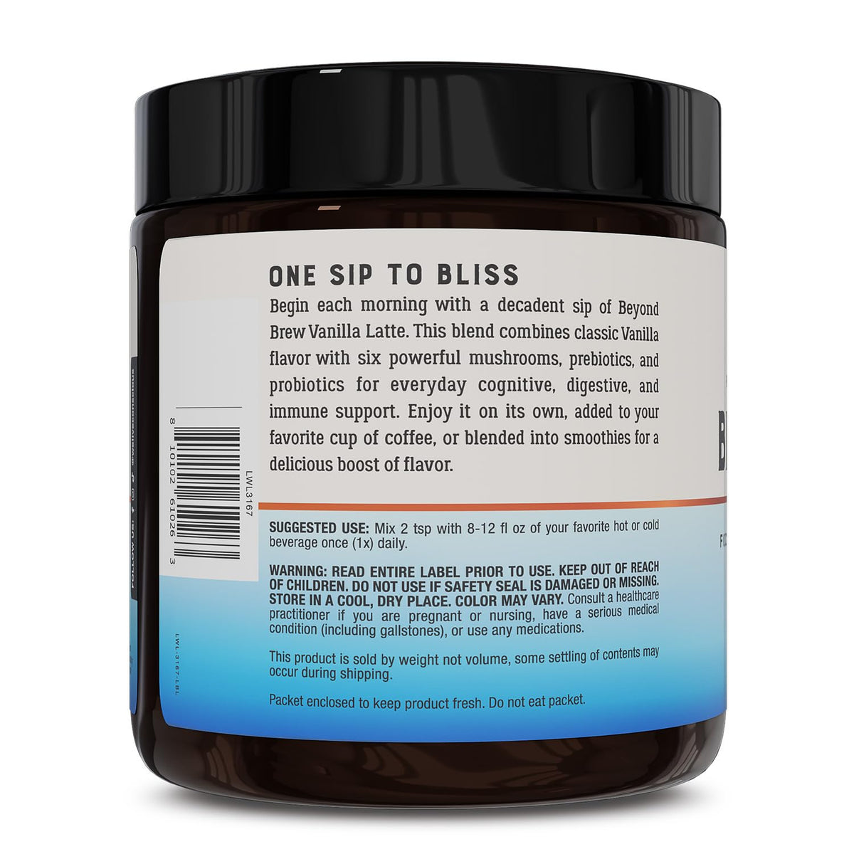 Live Conscious Beyond Brew Vanilla Latte probiotic label suggests gut health support.