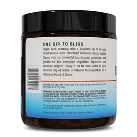Live Conscious Beyond Brew Vanilla Latte probiotic label suggests gut health support.