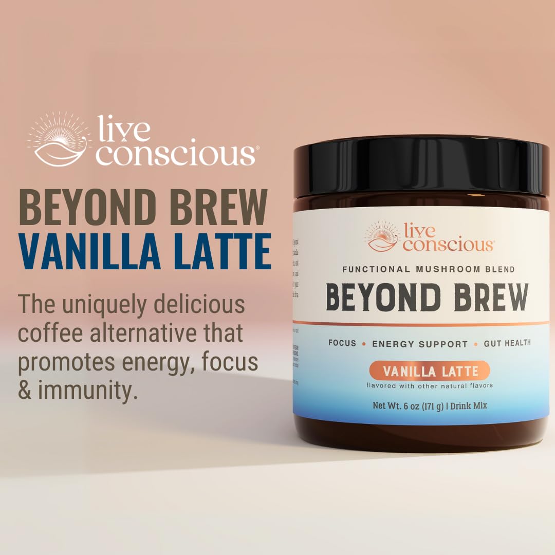 Live Conscious Beyond Brew Vanilla Latte tub highlights the mushroom blend for sustained daytime energy.