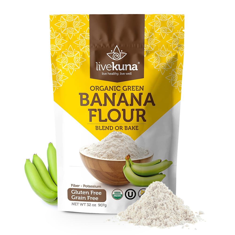 LiveKuna Banana Flour bag closed, showcasing gluten-free baking versatility.