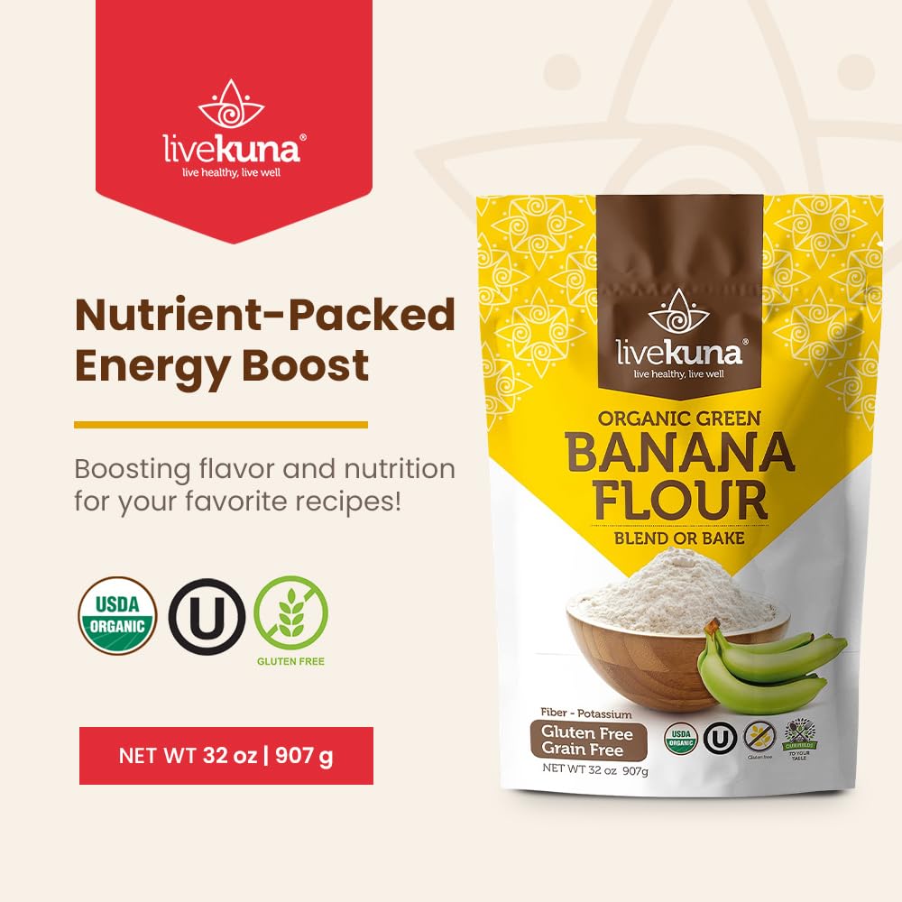 LiveKuna Banana Flour bag open reveals fine powder for pancakes.