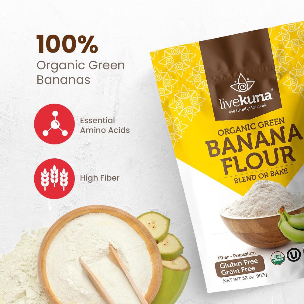 LiveKuna Banana Flour shows fine powder texture for gluten-free cooking.