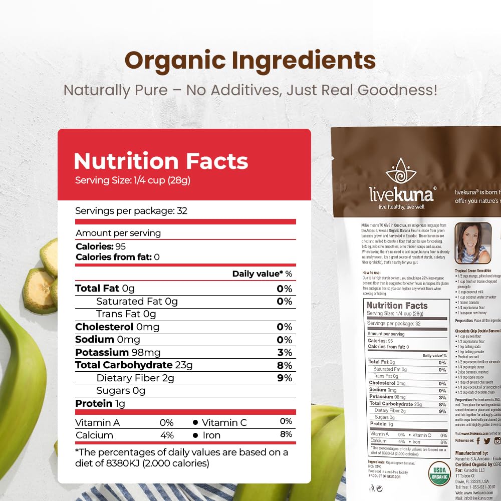 LiveKuna Banana Flour label highlights organic ingredients and minerals.