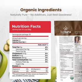 LiveKuna Banana Flour label highlights organic ingredients and minerals.