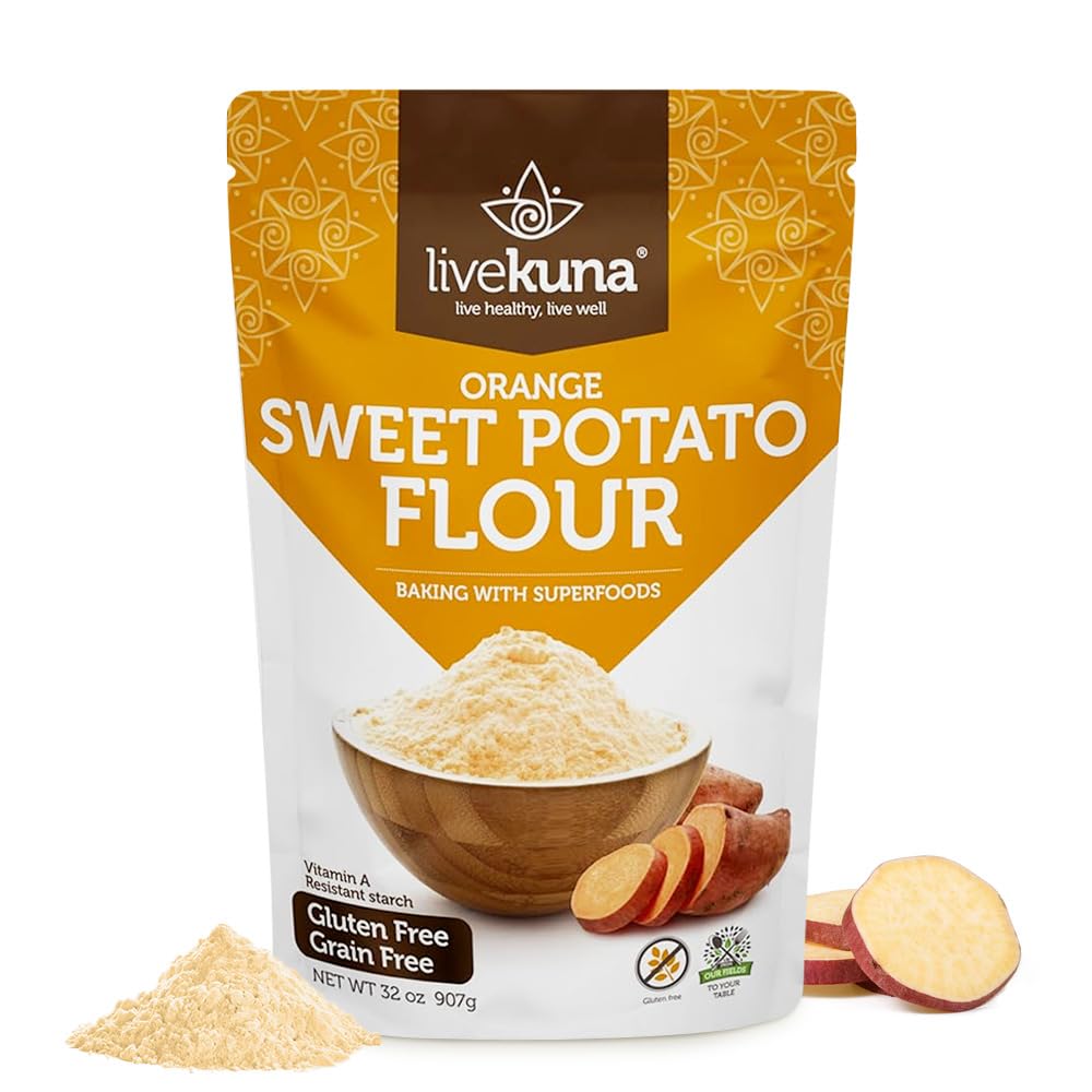 LiveKuna orange sweet potato flour packaging showing a gluten-free option for baking.