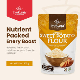 LiveKuna orange sweet potato flour being poured for smooth batter in a bowl.