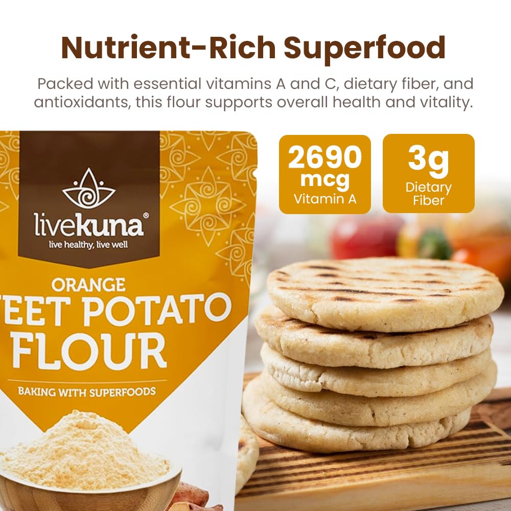 LiveKuna orange sweet potato flour scoop ready for versatile kitchen use.