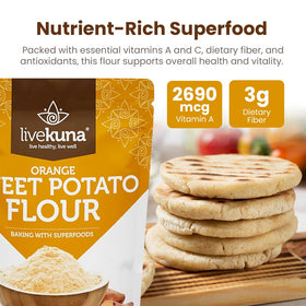 LiveKuna orange sweet potato flour scoop ready for versatile kitchen use.