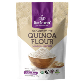 LiveKuna Organic Quinoa Flour bag, ideal for gluten-free baking.