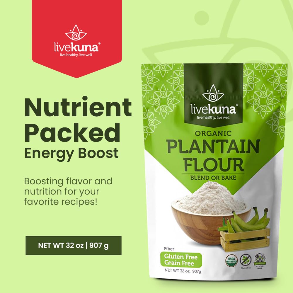 LiveKuna Plantain Flour bag back showing ingredients and nutrition for informed cooking.