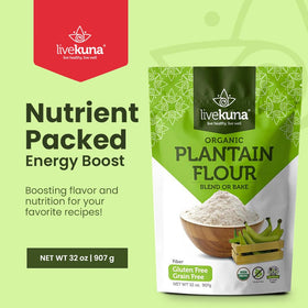 LiveKuna Plantain Flour bag back showing ingredients and nutrition for informed cooking.