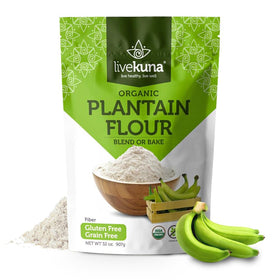 LiveKuna Plantain Flour bag front, gluten-free baking staple for healthy recipes.
