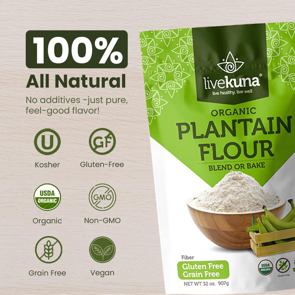 LiveKuna Plantain Flour in a bowl for gluten-free batter.