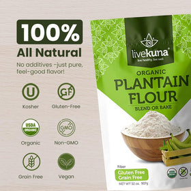 LiveKuna Plantain Flour in a bowl for gluten-free batter.
