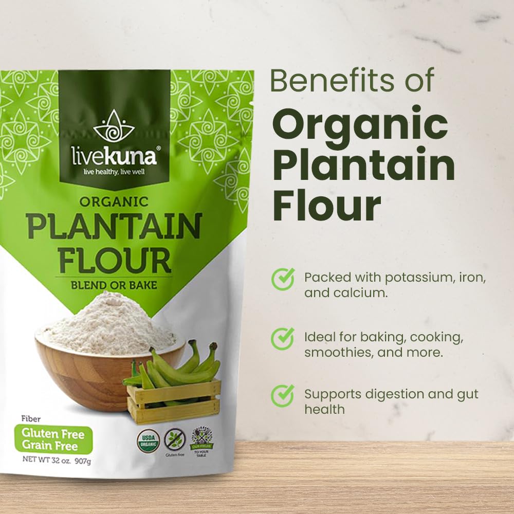 LiveKuna Plantain Flour gluten-free label on packaging.
