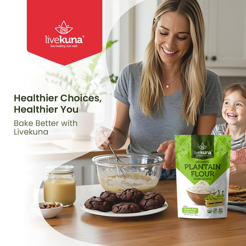LiveKuna Plantain Flour fiber-rich powder highlighted on label.