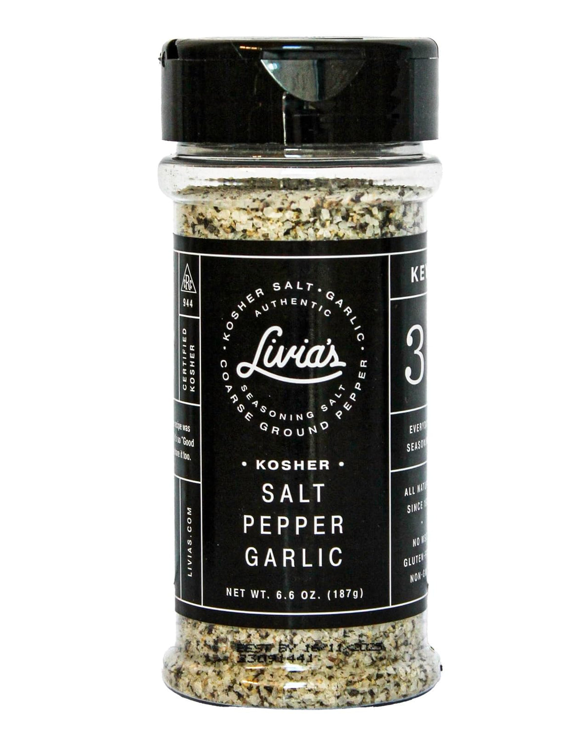 Livia’s Salt Pepper Garlic Seasoning bottle pour boosts flavor on any dish