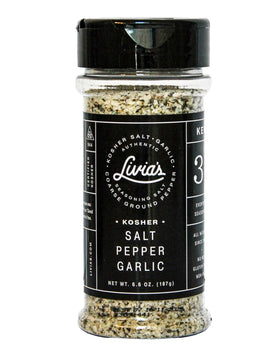 Livia’s Salt Pepper Garlic Seasoning bottle pour boosts flavor on any dish