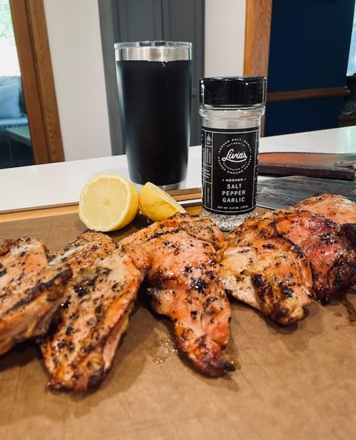 Livia’s Salt Pepper Garlic Seasoning glass-bottle-label signals premium ingredients