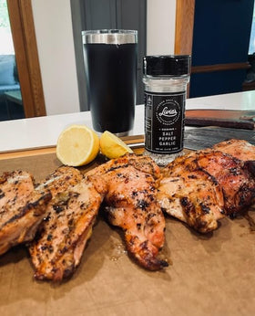 Livia’s Salt Pepper Garlic Seasoning glass-bottle-label signals premium ingredients