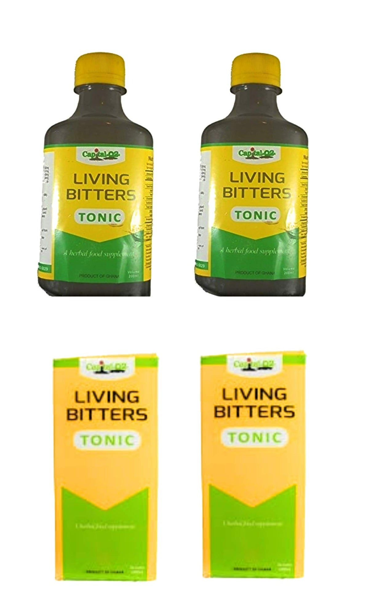 Living Bitters Tonic bottle pour image suggests convenient twice-daily use