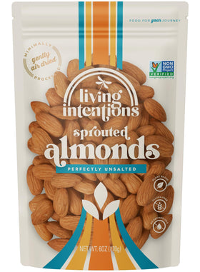 Living Intentions Activated Sprouted Almonds closeup—crunchy texture for a protein and fiber rich snack