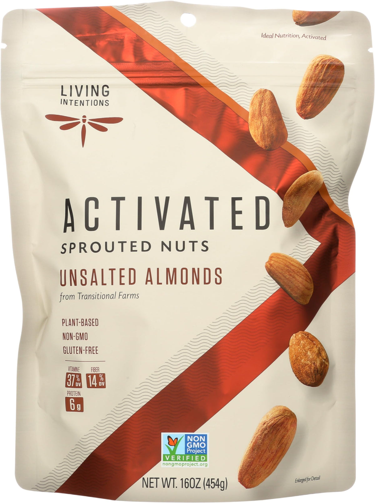 Living Intentions sprouted almonds 16oz pack on shelf, ideal snack before workouts.