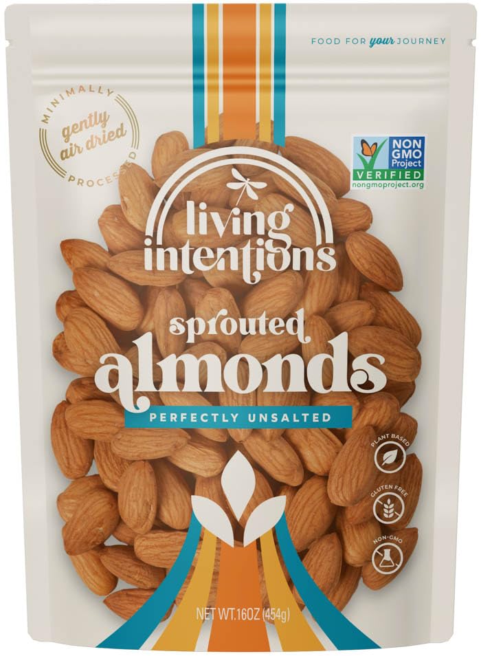 Living Intentions sprouted almonds in a bowl, ideal snack setup.