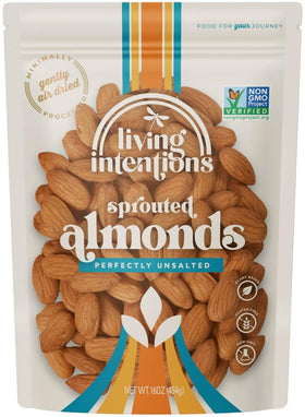 Living Intentions sprouted almonds in a bowl, ideal snack setup.