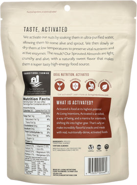 Living Intentions sprouted almonds bowl close-up, crisp texture for quick energy.