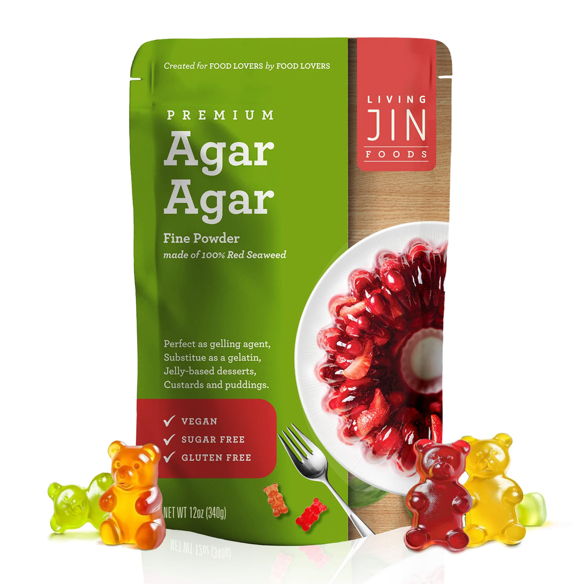 LIVING JIN Agar Agar Powder 12oz packaging for silky vegan jellies.