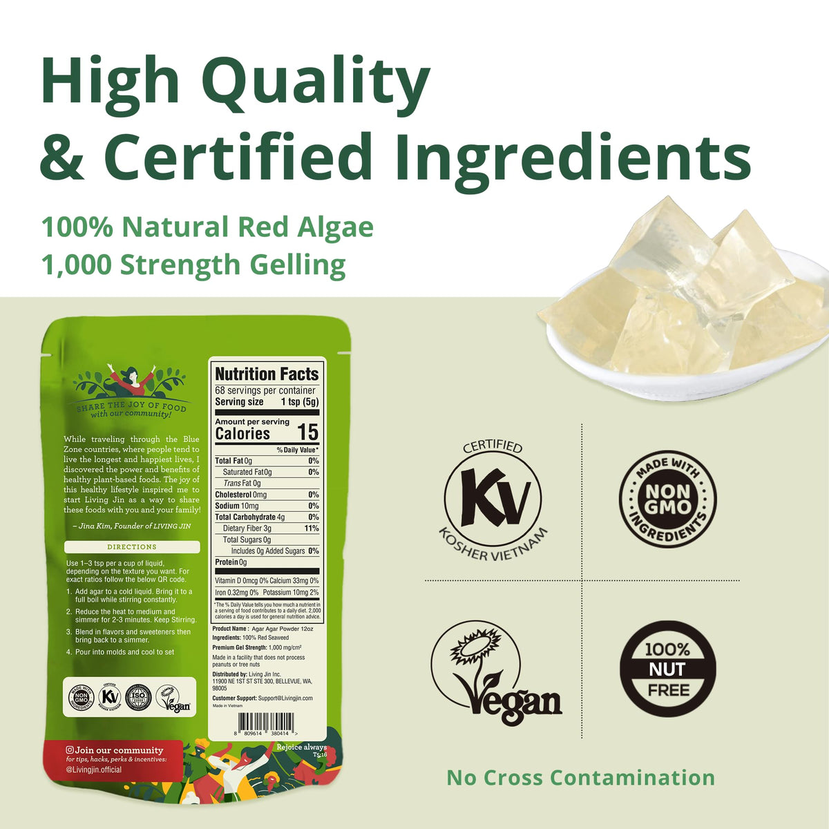Fine-grain texture of LIVING JIN Agar Agar Powder for strong gels.