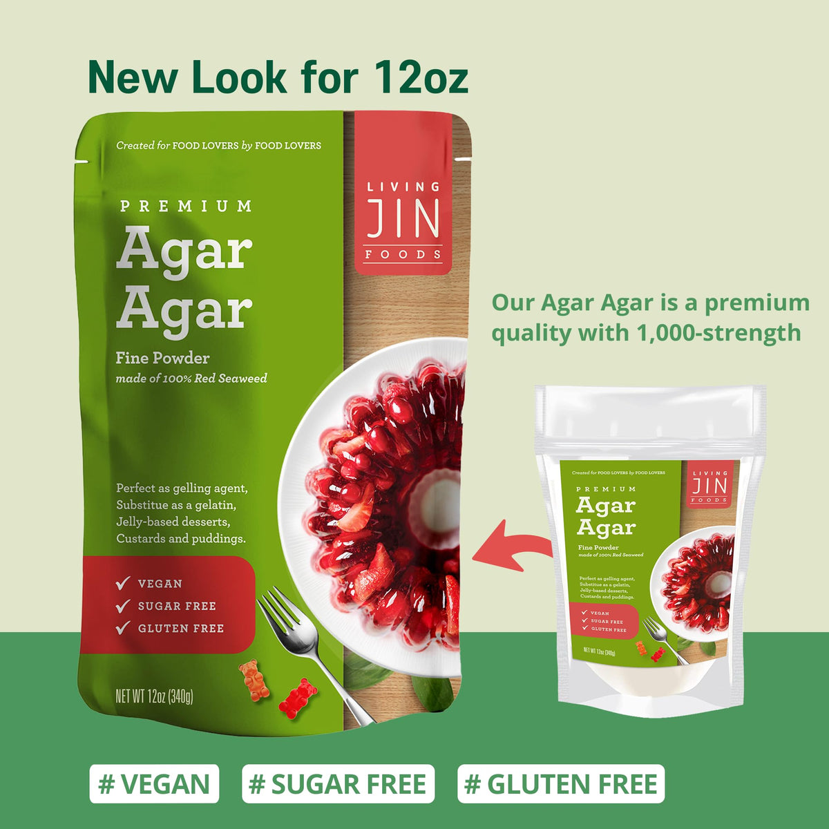 LIVING JIN Agar Agar Powder measuring spoon for precise vegan gel prep at home.