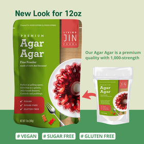 LIVING JIN Agar Agar Powder measuring spoon for precise vegan gel prep at home.