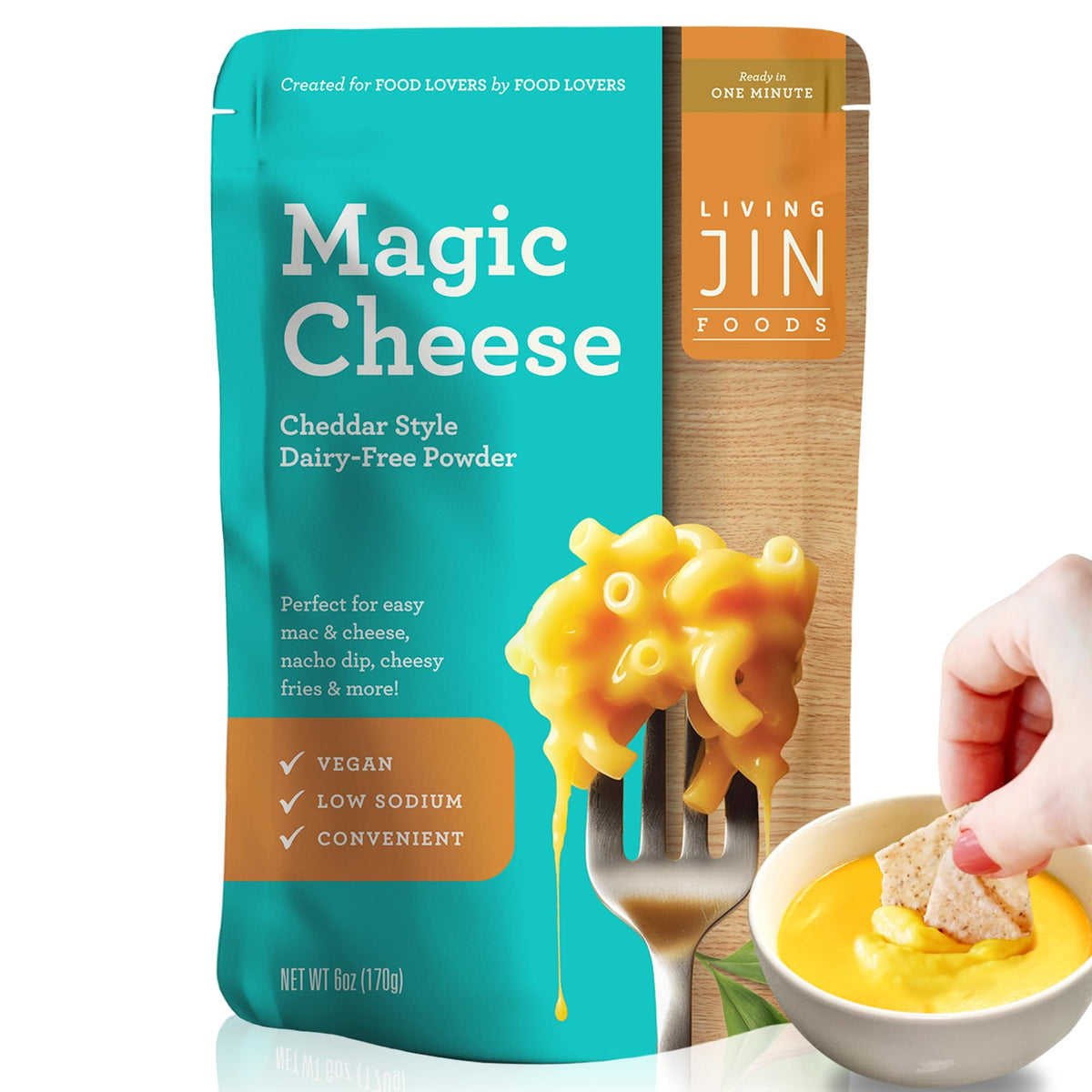 Living Jin Vegan Magic Cheese Sauce powder in a jar showing dairy-free cheddar flavor