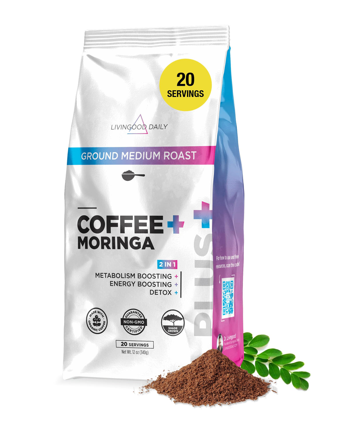 Livingood Daily Coffee with Moringa 12oz bag for a clean morning energy.