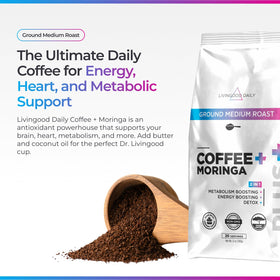 Ground Livingood Daily Coffee with Moringa in a cup for a smooth, balanced start.